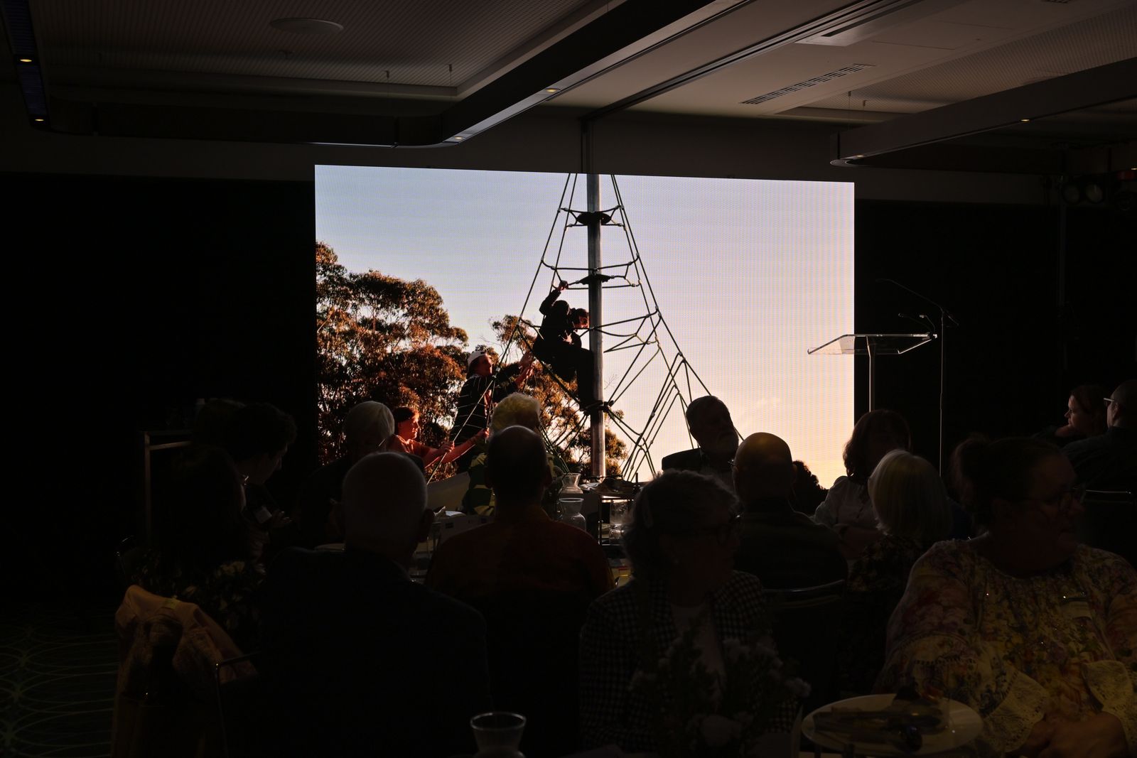 A darkened function room of round tables, guests lit by the glow of a bright LED wall standing beside the lectern.